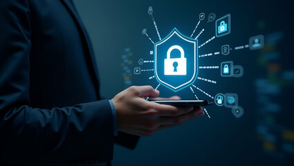 Cybersecurity and Privacy: Businessman Secures Personal Data with Lock Icon and Network Security Tech
