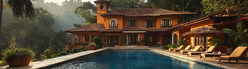 Luxurious villa with a swimming pool surrounded by lush green trees