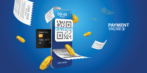 Bill of expenses is on mobile phone.Pay bills with mobile phone.Online shopping spending.Online shopping via smartphone.Bill payment flat isometric vector concept of mobile payment, shopping, banking.