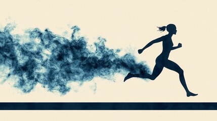 Silhouette of a Woman Runner with Blue Smoke Trail on Beige Background