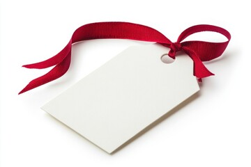 Isolated high-resolution image of a blank white tag with a red ribbon on a white backdrop. Generative Ai