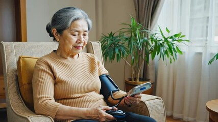 Senior person taking their blood pressure with a blood pressure monitor at home.