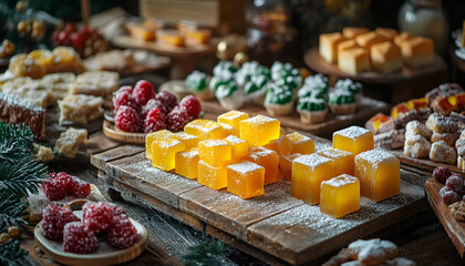 Assorted Turkish delights dusted with icing sugar on a wooden serving board. Concept of traditional Turkish confections, assorted sweet delights, cultural dessert presentation, and sugared treats