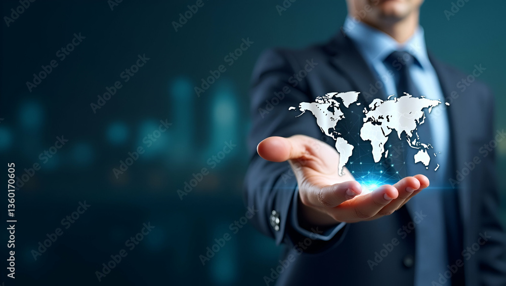 Poster flat businessman illustrating global network connections with big data analytics on world map