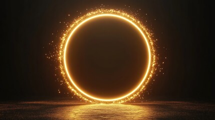 A luxurious golden glowing circular frame with sparkling particles against a black background. Elegant modern design for banners, posters, or digital templates.
