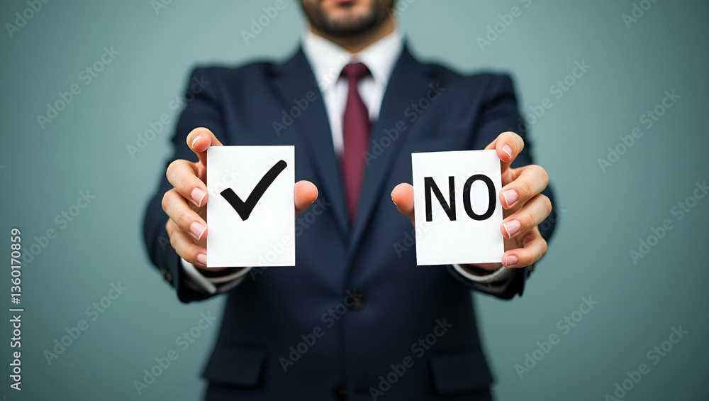 Poster flat businessman showing check right and wrong choice the idea is to decide to vote think yes or no 