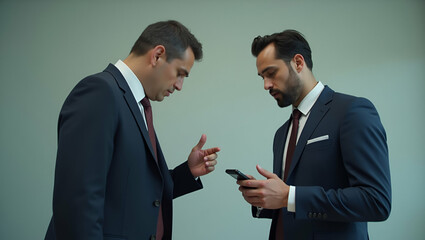 Tense Work Dynamics: Flat Boss and Delayed Businessman Discuss Punctuality and Accountability