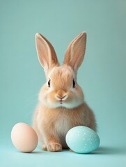 Obraz premium Adorable fluffy white Easter bunny with colorful pastel eggs on a neutral background – perfect for spring, Easter-themed designs, greeting cards, and decorations.