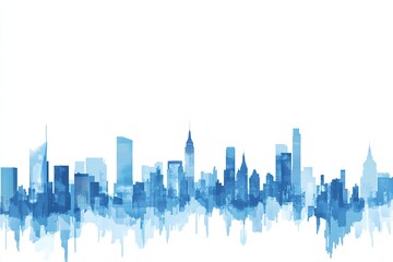 Fototapeta premium Blue Watercolor Cityscape Painting, Urban Skyline Art, Modern Architectural City View