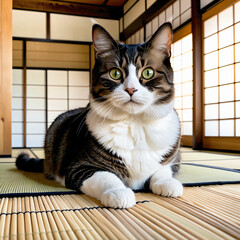 a cute cat sitting inside a traditional Japanese house
