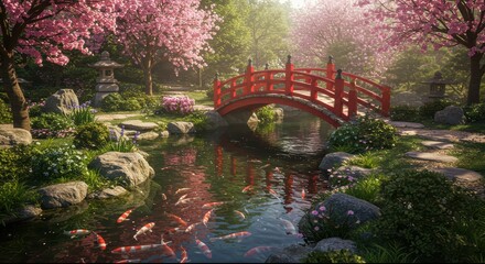 Fototapeta premium Koi Pond with Red Bridge and Cherry Blossoms in Japanese Garden