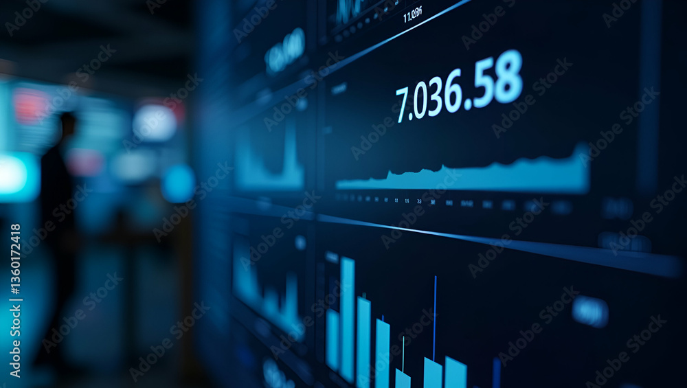 Aufkleber flat stock market data table on large screen: digital display with blurred background & lights