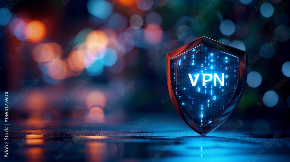 Poster visual representation of internet security with a shield symbolizing vpn technology in a vibrant urb