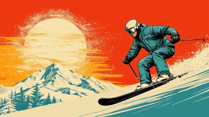 Skier Descending Snowy Mountain at Sunset Pixel Art Illustration