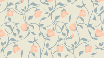 seamless floral pattern featuring soft pink flowers with green leaves and vines on light beige background, creating delicate and elegant design