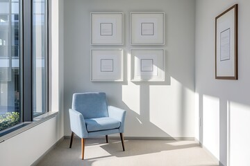 Bright Minimalist Interior Blue Armchair, Framed Art, Modern Window, Sunny Room