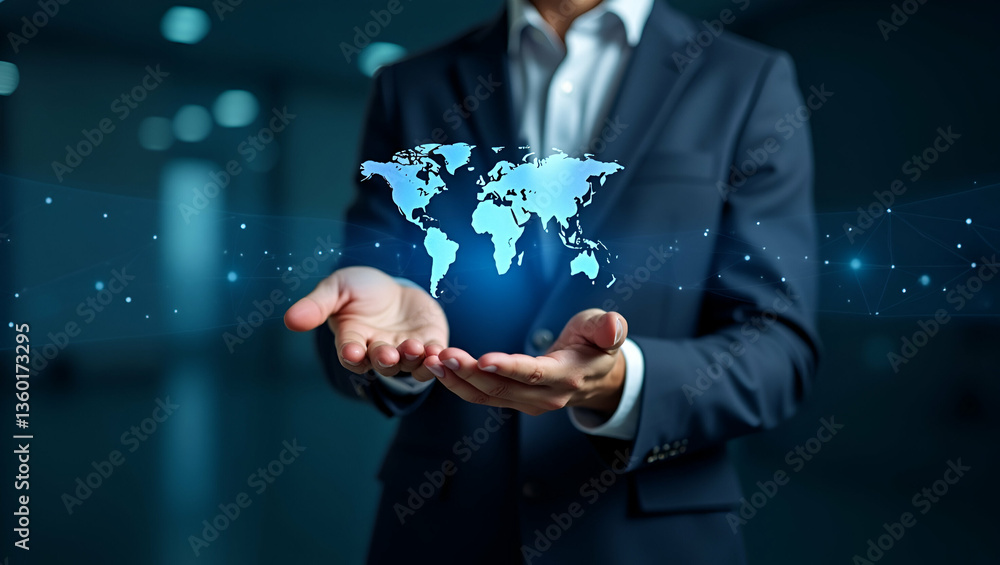 Poster flat businessman showcasing global network connections: big data analytics & business intelligence i