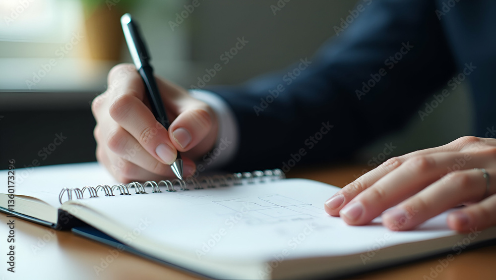 Poster boost productivity: flat vector illustration of note taking in workspace