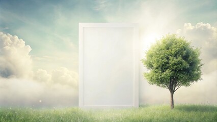 Blank billboard in a serene field with a single tree under a bright sky