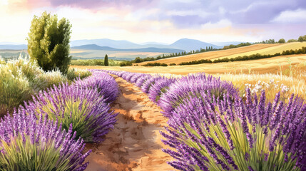 Obraz premium serene lavender field with rows of blooming purple flowers stretches into distance, surrounded by golden fields and distant hills under soft, pastel sky