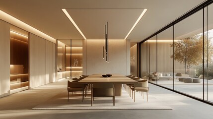 A modern conference room with a large table, stylish chairs, and pendant lighting. Glass partitions and minimalist design contribute to a contemporary space.