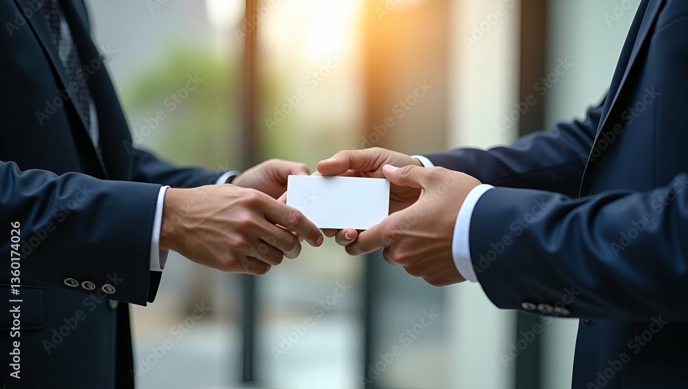 Poster professional networking: two hands exchanging business cards before negotiations - building business