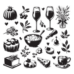 chalk food vector illustrations. wedding dinner icons, wine or champagne glass, cheese, and charcuterie drawings for wedding invitations, cafe menus, and parties