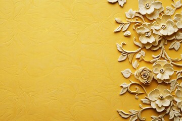 Textured Yellow Floral Background with Raised White Flowers and Leaves Arrangement