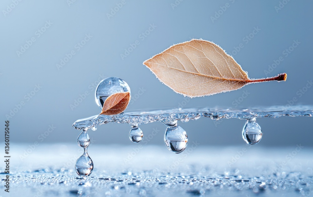 Poster close-up view of water droplets on a surface with a leaf. tranquil and serene mood. soft lighting an