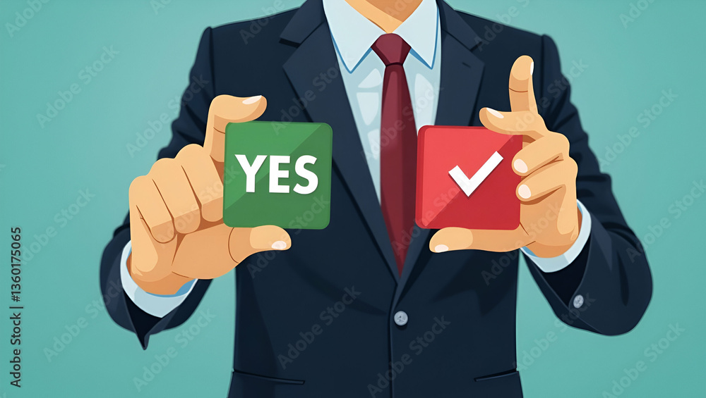 Poster flat businessman navigating dilemmas: a cute vector guide to making smart yes/no decisions in busine