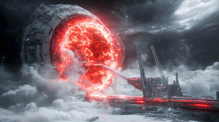 Futuristic space station interacting with a fiery celestial body. Ideal for sci-fi book covers concept art or video game environments exploring cosmic themes.