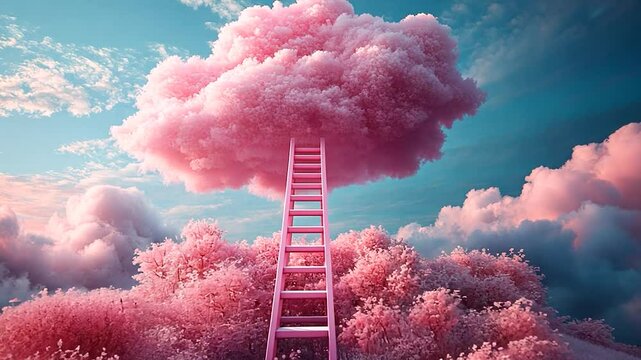 Dreamy pink cloud with a ladder surrounded by vibrant blossoms at sunset