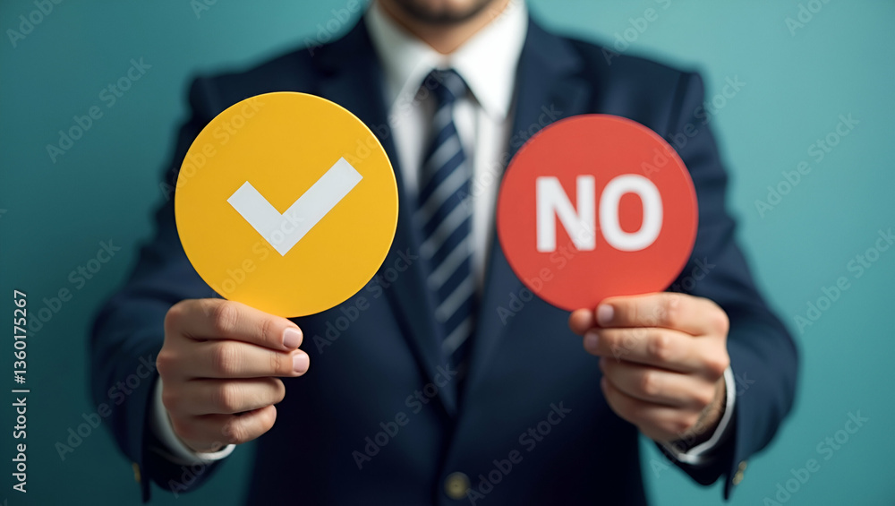 Poster businessman navigating dilemmas: visualizing right vs wrong choices with yes/no symbols for effectiv