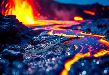 A vibrant river of molten lava streams down the volcanic landscape, glowing vividly against the dark backdrop of night Generative AI