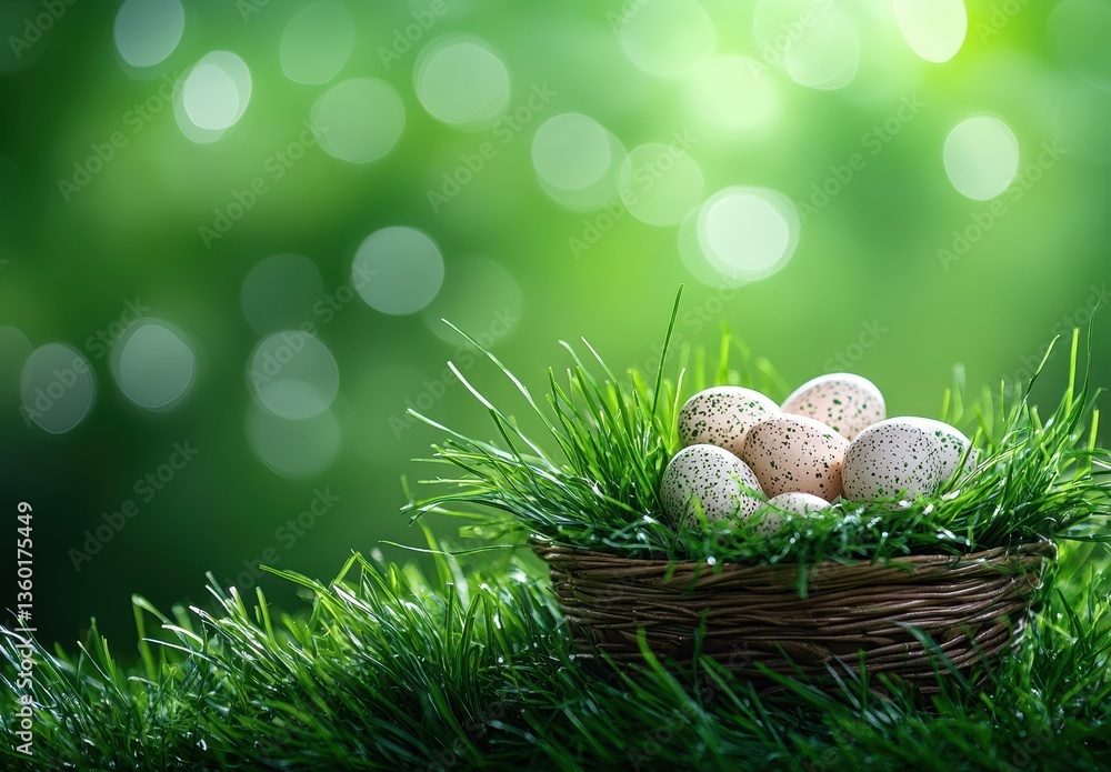 Poster freshly gathered eggs in a nature-inspired nest surrounded by lush green grass and soft bokeh backgr