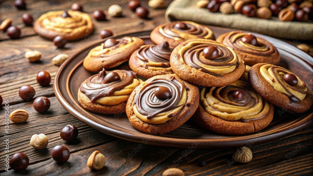 Poster a plate of delicious swirl cookies with chocolate and caramel frosting, decorated with chocolate can