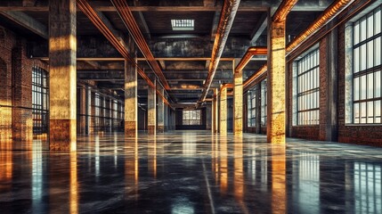 Fototapeta premium Industrial interior showcasing polished concrete floors and exposed brick walls with natural light