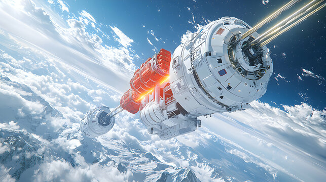 A futuristic spacecraft is shown floating above a snow covered mountain range. It appears to be some kind of intergalactic vehicle with unknown purpose. Application could be video games or science fic