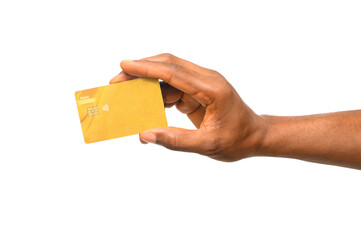 A hand holds a gold debit card with a visible chip and contactless payment symbol. The image...