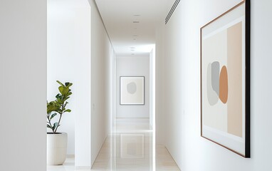 Abstract art in neutral tones adorns the walls of a bright white hallway with polished marble floors. A small potted plant adds a touch of greenery to the minimalist interior
