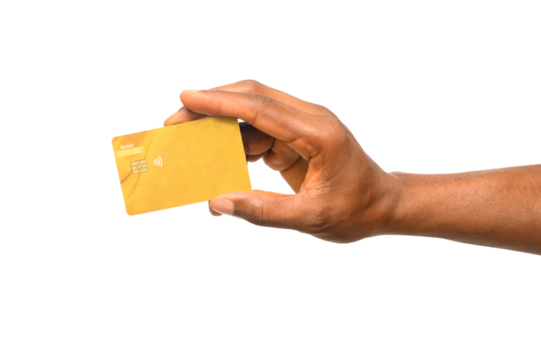 A hand holds a gold debit card with a visible chip and contactless payment symbol. The image represents digital finance, banking, and secure cashless transactions in modern commerce.