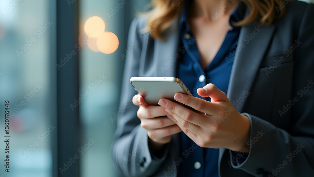 Poster woman checking inbox and pending emails on smartphone symbolizes communication and efficiency in wor
