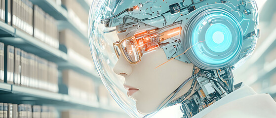 Futuristic cyborg in library. Application suggestion: Designing advanced educational tools. Enhancing research capabilities with bio-integrated technology. Enabling future learning.