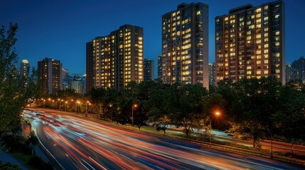 Naklejka premium Nighttime long exposure of busy highway with illuminated streetlights and blurred car lights.
