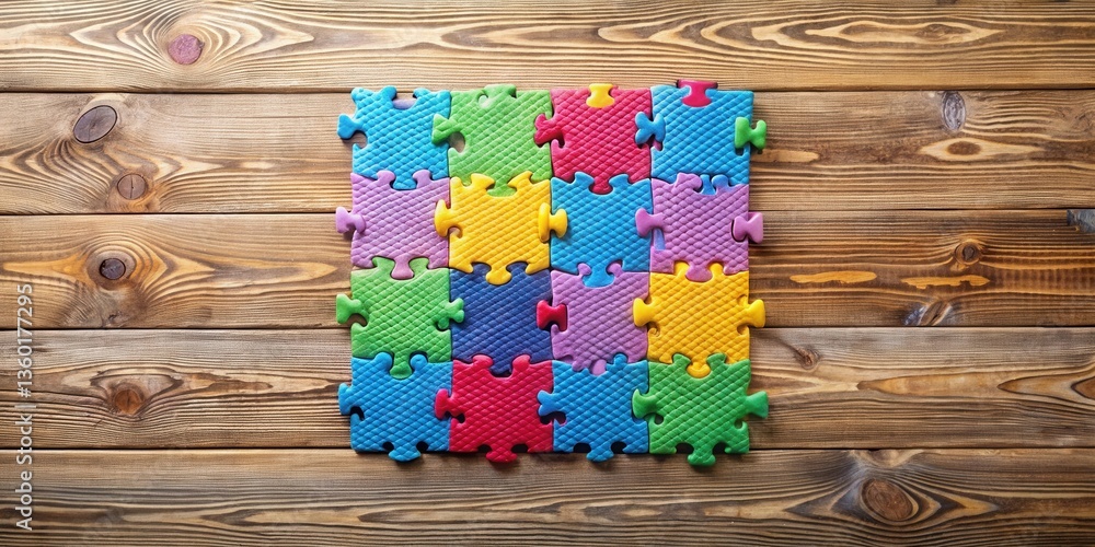 Poster colorful puzzle pieces interlocked on wooden surface representing teamwork and problem solving