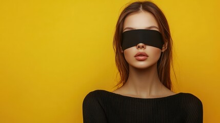 A woman is wearing a black blindfold