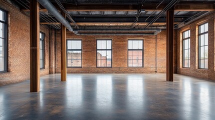 Spacious industrial loft with large windows showcasing urban landscape and natural light
