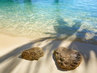 Serene beach scene with rocks and gentle ocean waves.