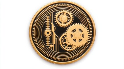 Steampunk-inspired gold coin design, intricate gears and mechanical elements