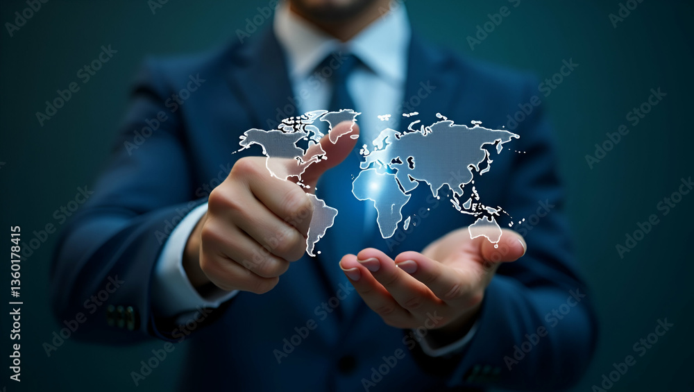 Poster flat businessman illustrating global network connections with big data analytics on world map